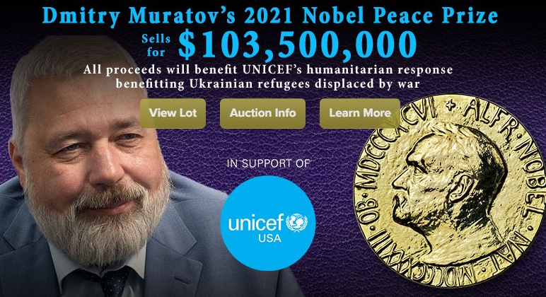 Главред "Новой газеты"  нобелевский лауреат Д. Мурадов продал на аукионе в Нью-Йорке свою медаль за 103.5 млн. долларов
